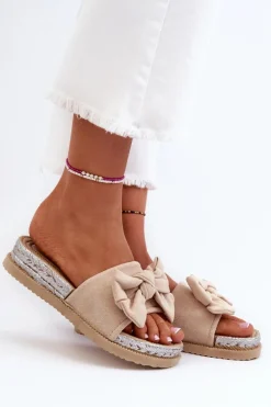 Damskie Klapki Na Platformie Z Kokardą Beżowe Aflia