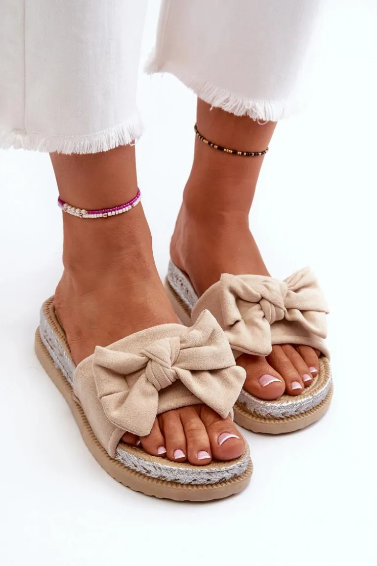 Damskie Klapki Na Platformie Z Kokardą Beżowe Aflia