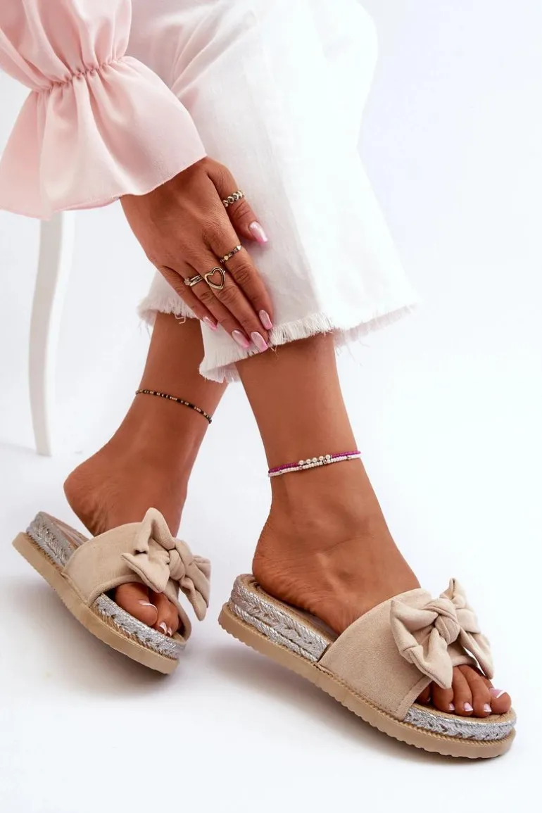 Damskie Klapki Na Platformie Z Kokardą Beżowe Aflia