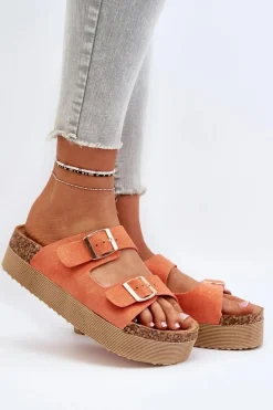 Damskie Klapki Na Platformie Z Klamrami Pomarańczowe Lolpey
