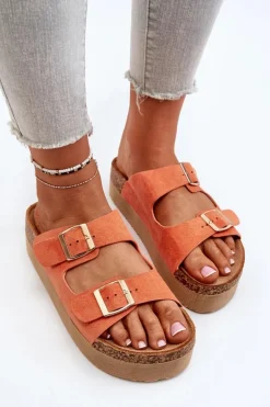 Damskie Klapki Na Platformie Z Klamrami Pomarańczowe Lolpey