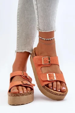 Damskie Klapki Na Platformie Z Klamrami Pomarańczowe Lolpey