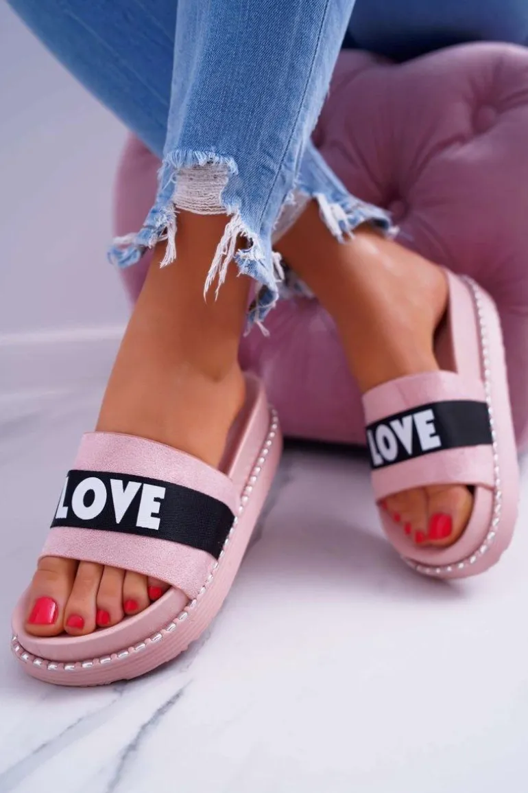 Damskie Klapki Na Platformie Z Dżetami Love Różowe MoreLove