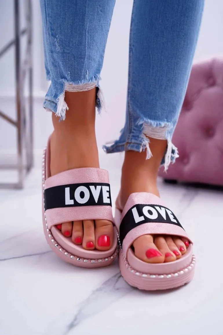 Damskie Klapki Na Platformie Z Dżetami Love Różowe MoreLove