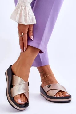 Damskie Klapki Na Platformie Z Ozdobą Złote Brooklyn