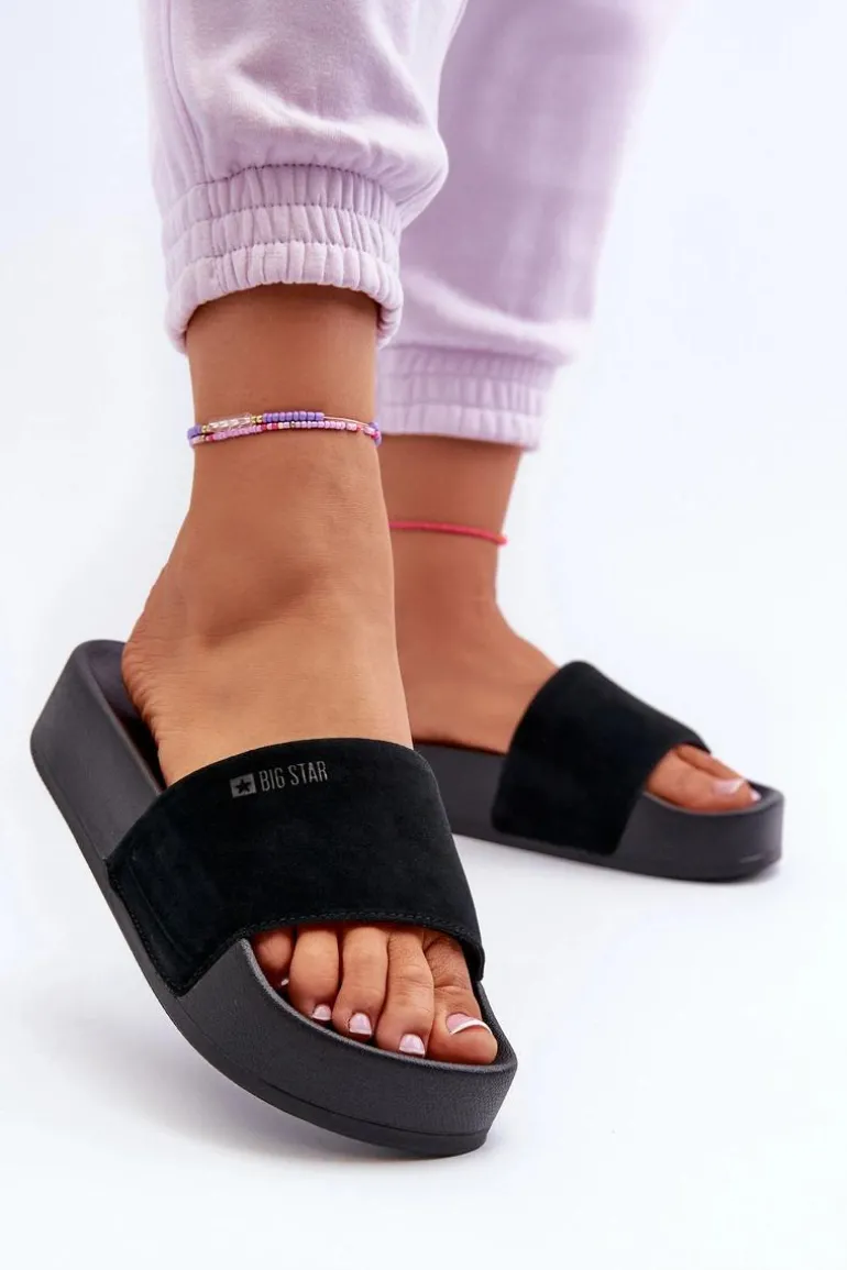 Damskie Klapki Na Platformie Zamszowe Big Star NN274A670 Czarne