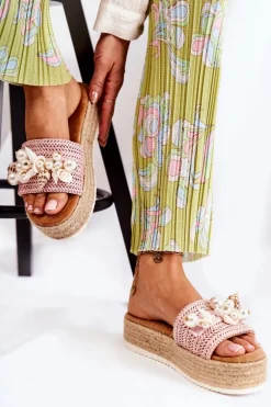 Damskie Klapki Na Platformie Z Muszelkami Różowe Tolia