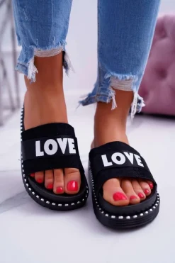 Damskie Klapki Na Platformie Z Dżetami Love Czarne MoreLove