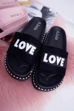 Damskie Klapki Na Platformie Z Dżetami Love Czarne MoreLove