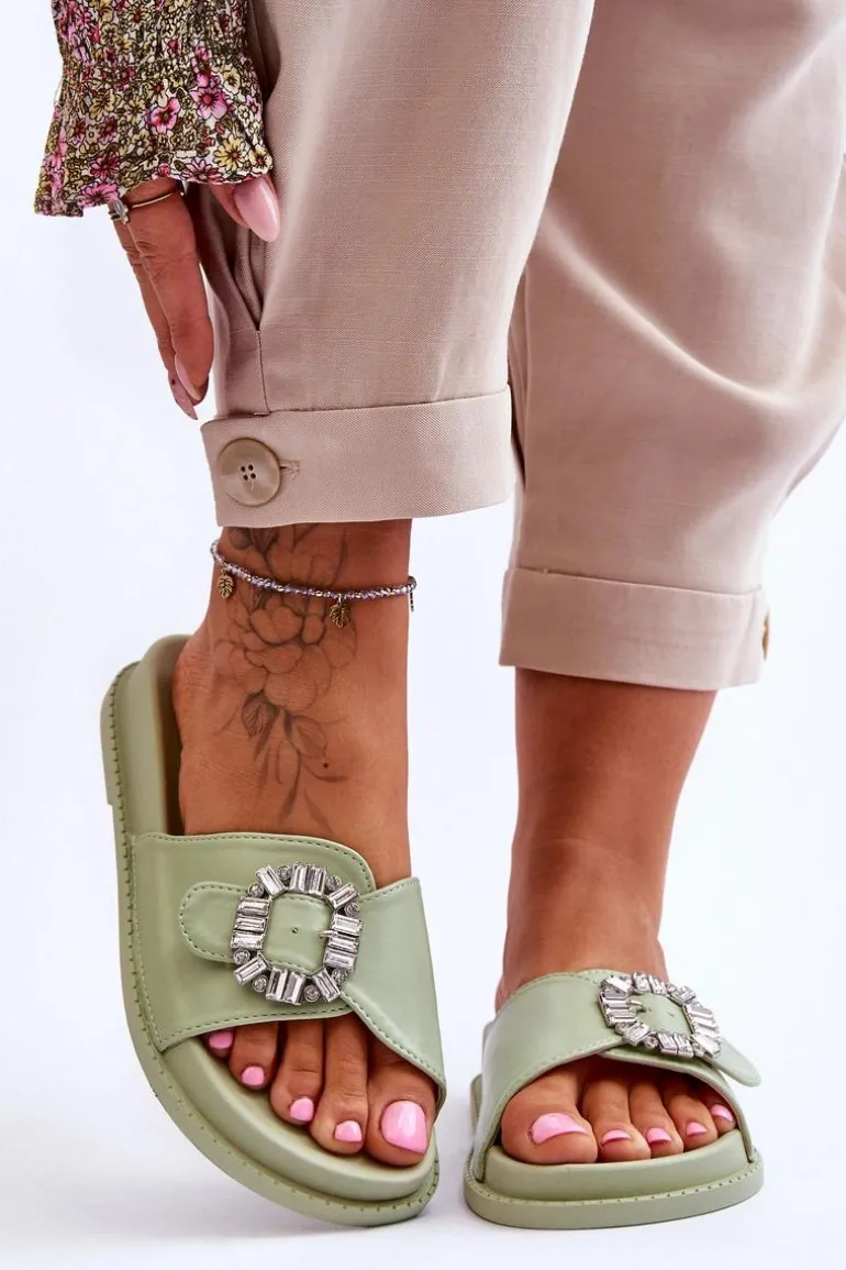 Damskie Klapki Na Platformie Z Ozdobą Zielone Beneca