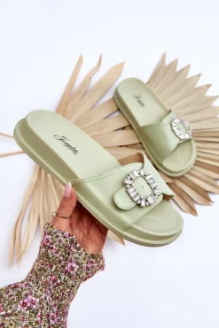 Damskie Klapki Na Platformie Z Ozdobą Zielone Beneca