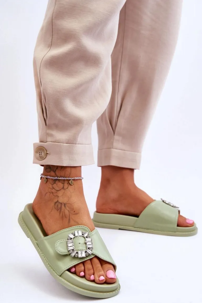 Damskie Klapki Na Platformie Z Ozdobą Zielone Beneca