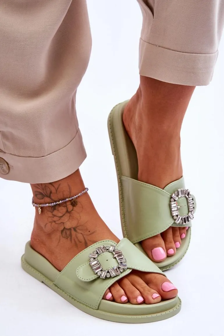 Damskie Klapki Na Platformie Z Ozdobą Zielone Beneca