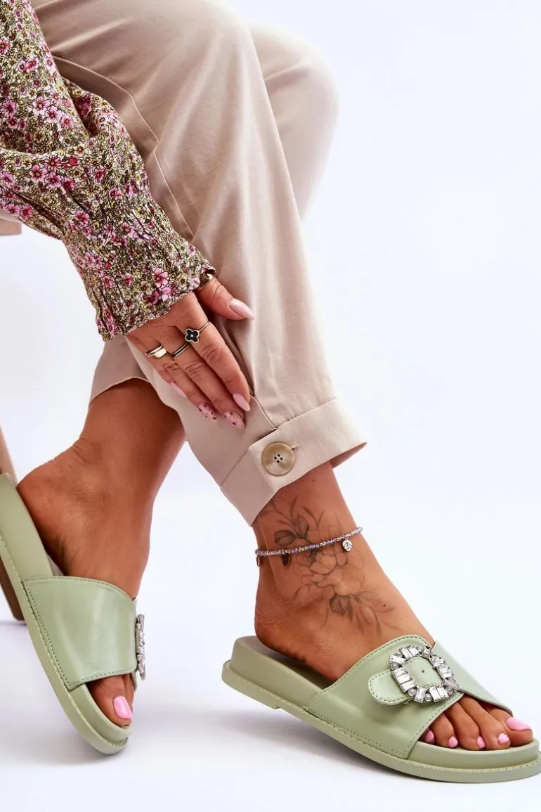 Damskie Klapki Na Platformie Z Ozdobą Zielone Beneca