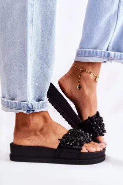 Damskie Klapki Na Platformie Z Ozdobami Czarne Almina