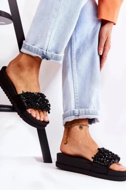 Damskie Klapki Na Platformie Z Ozdobami Czarne Almina