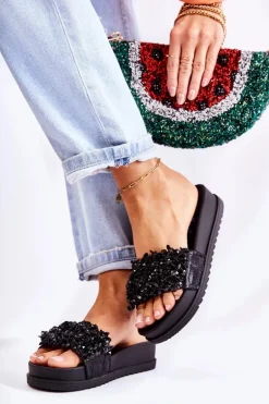 Damskie Klapki Na Platformie Z Ozdobami Czarne Almina