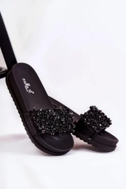 Damskie Klapki Na Platformie Z Ozdobami Czarne Almina