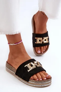 Damskie Klapki Na Platformie Z Ozdobą Czarne Vapireta