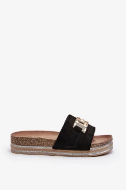 Damskie Klapki Na Platformie Z Ozdobą Czarne Vapireta