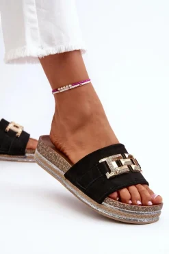 Damskie Klapki Na Platformie Z Ozdobą Czarne Vapireta