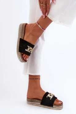 Damskie Klapki Na Platformie Z Ozdobą Czarne Vapireta