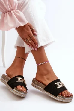 Damskie Klapki Na Platformie Z Ozdobą Czarne Vapireta