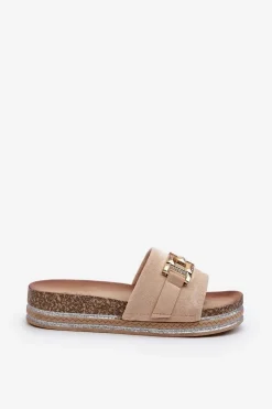 Damskie Klapki Na Platformie Z Ozdobą Beżowe Vapireta
