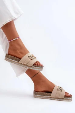 Damskie Klapki Na Platformie Z Ozdobą Beżowe Vapireta