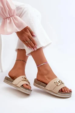 Damskie Klapki Na Platformie Z Ozdobą Beżowe Vapireta