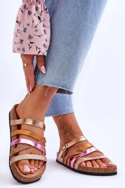 Damskie Klapki Na Platformie Z Paskami Złote Clover