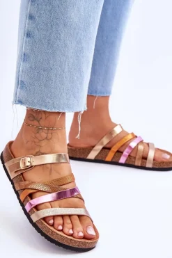 Damskie Klapki Na Platformie Z Paskami Złote Clover