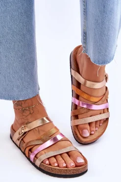 Damskie Klapki Na Platformie Z Paskami Złote Clover