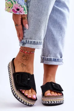 Damskie Klapki Na Zdobionej Platformie Czarne Joyce