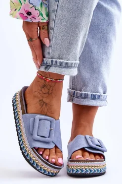 Damskie Klapki Na Zdobionej Platformie Niebieskie Joyce