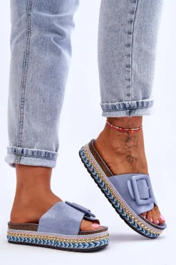 Damskie Klapki Na Zdobionej Platformie Niebieskie Joyce