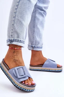 Damskie Klapki Na Zdobionej Platformie Niebieskie Joyce