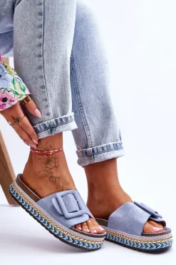 Damskie Klapki Na Zdobionej Platformie Niebieskie Joyce