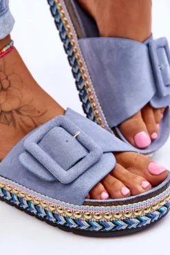 Damskie Klapki Na Zdobionej Platformie Niebieskie Joyce