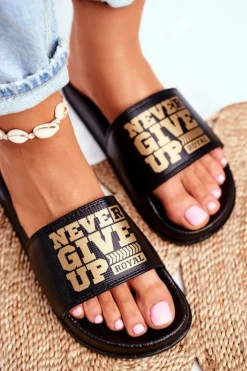 Damskie Klapki Never Give Up Złote Czarne