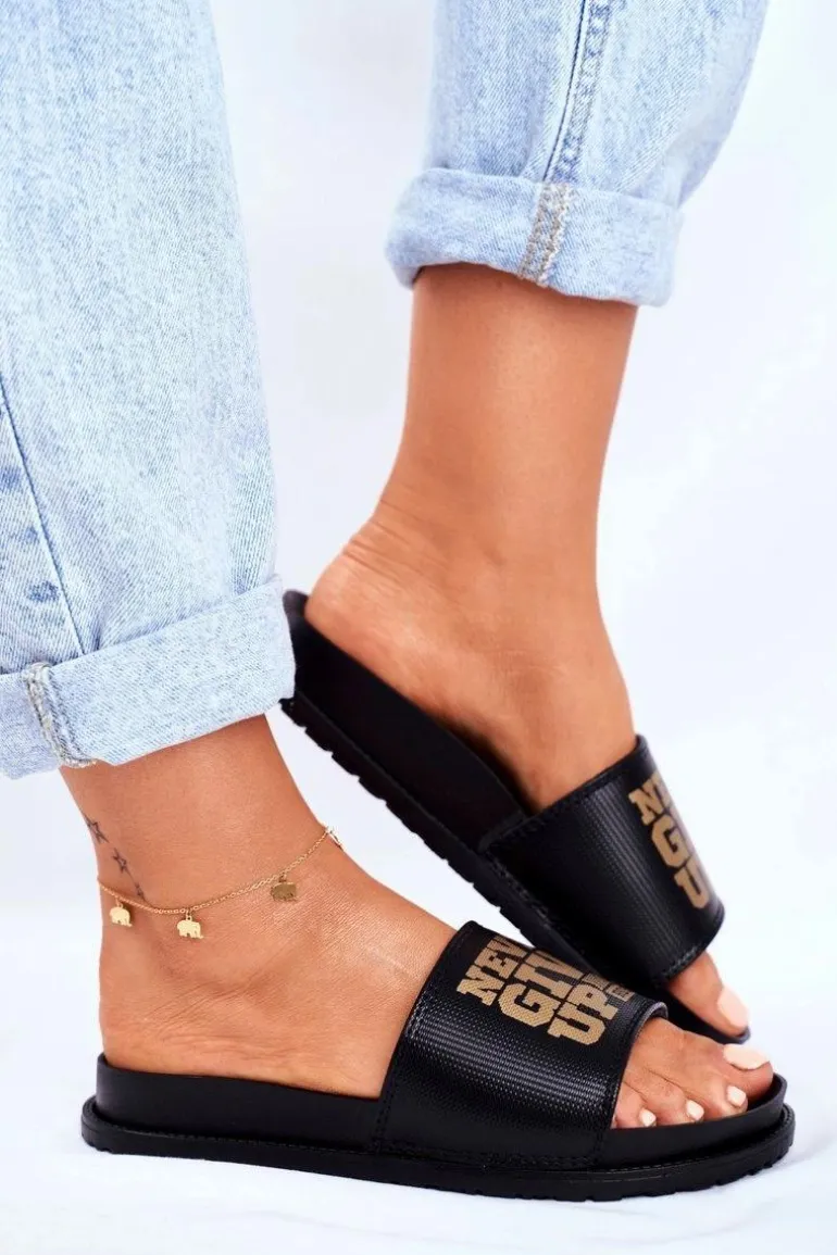 Damskie Klapki Never Give Up2 Złote Czarne