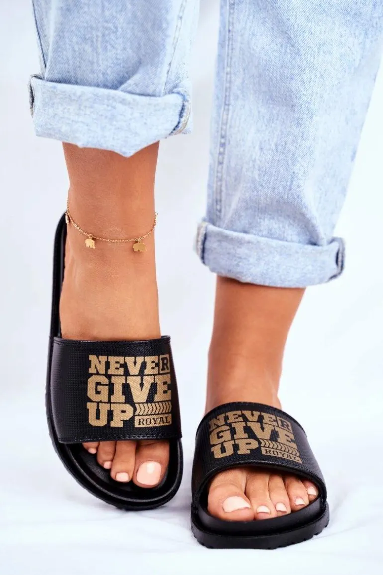 Damskie Klapki Never Give Up2 Złote Czarne