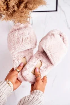 Damskie Klapki Papcie Futrzane Beżowe Cold Days