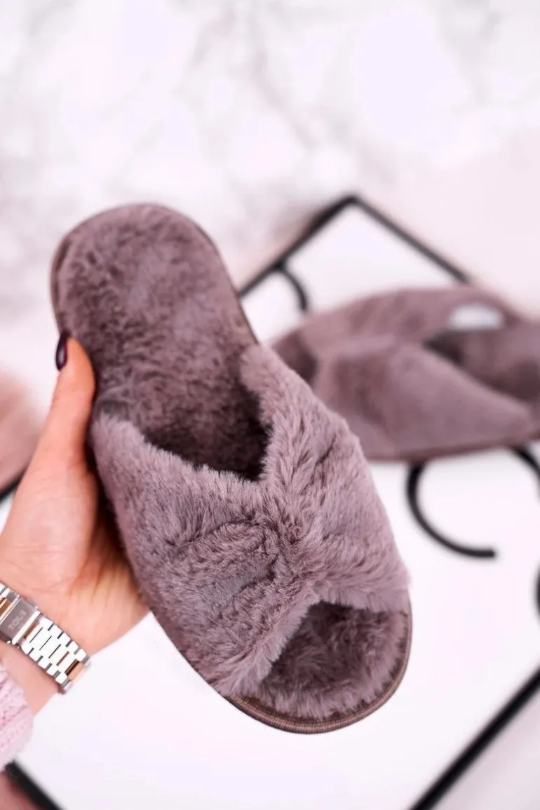 Damskie Klapki Papcie Futrzane Szare Bow