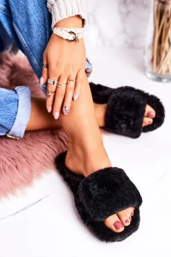 Damskie Klapki Papcie Futrzane Czarne Cold Days