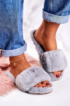 Damskie Klapki Papcie Futrzane Szare Cold Days