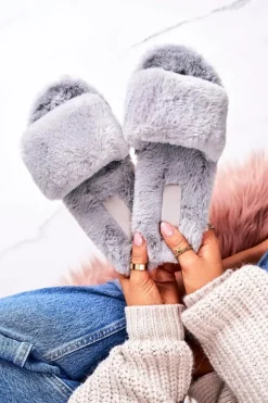 Damskie Klapki Papcie Futrzane Szare Cold Days