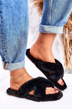 Damskie Klapki Papcie Futrzane Czarne Cozy Time