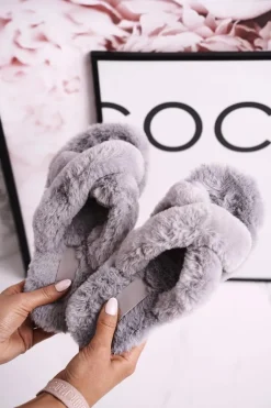 Damskie Klapki Papcie Futrzane Szare Cozy Time