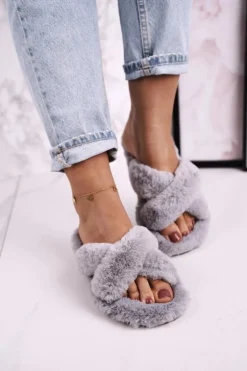 Damskie Klapki Papcie Futrzane Szare Cozy Time
